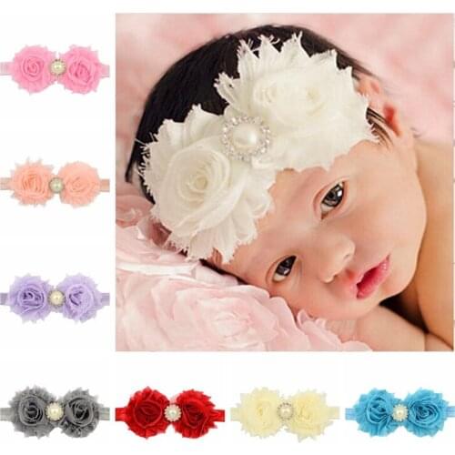 12pcs/lot Flower Elastic Hair Band Headband Kids 2 Flowers with a Pearl Crystal Rhinestone Hair Accessories Flower Headbands