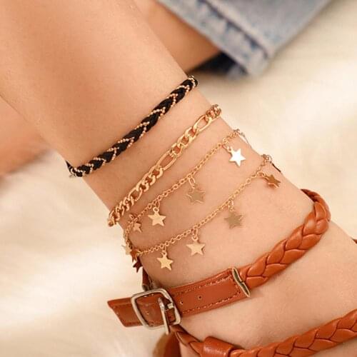 4Pcs/Set Star Charm Braided Rope Anklet Women Sandal Barefoot Ankle Bracelet