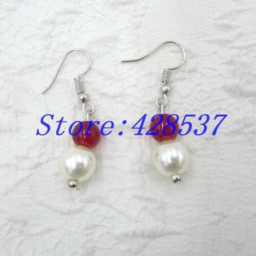 Free Shipping Fashion Greek Sorority DST Delta Element White Pearl Red Stone Bead Hook Dangle Drop Earrings Jewelry