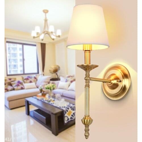 Noble copper wall lights with fabric shade for bedroom hallway gold luxury bedside wall lamp in hotel corridor brass wall sconce