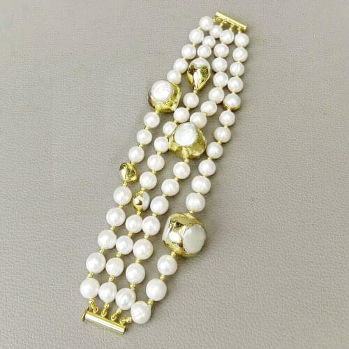 8"4 Strands Freshwater Round White Pear Golden Beads Bracelet