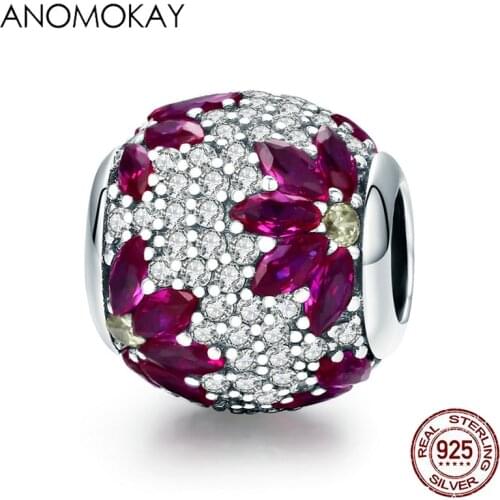Anomokay Spring Collection 925 Sterling Silver Maple Leaves Clear CZ Beads fit Bracelet & Necklaces S925 Rose Flower DIY Jewelry