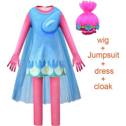 Summer Christmas Carnival Costume Trolls Wig Kid Poppy Dress Girls Billy clothes Children Vaiana Princess Party birthday Vestido