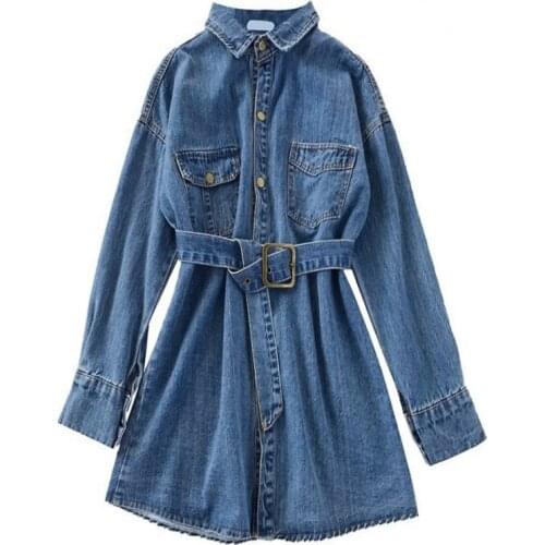 VSUE Denim Shirt Dress Blue Sash Turn Down Collar Long Sleeve Solid Pocket Mini Short Dress High Street Autumn D0874