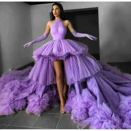 Purple Ball Gown Prom Dresses Chic Illusion Tiered Ruffles Party Sexy Halter Tulle Saudi Arabic Formal Evening