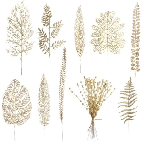 1pc Shiny Powder Plastic Golden Artificial Fake Leaves Festival Decoration Simulation Plant Glitter Powder Branch