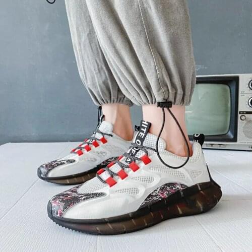 Mens Spring Autumn Casual Shoes Thick Bottom Mesh Hollow Breathable Lace Up Low Top Casual Sports Shoes Absorption Running Shoe