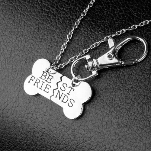 2Pcs/Set Fashion Dog Necklace Bone Shape Key Chain Best Friends Charm Dog Friendship Tag Collar Pendant Matching Gift