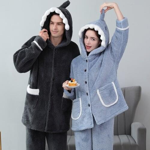 Men Winter Thicken Warm Flannel Pajama Sets Plus Size Coral Fleece Robe Sets Women Shark Hooded Long Sleeve Couple Pajamas