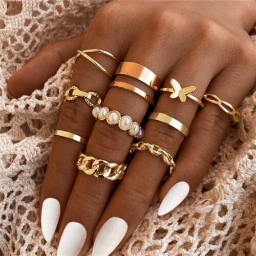 Bohemian Gold Butterfly Rings Set For Women Girls Pearl Resin Flower Cross Chain Finger Rings Jewelry Party