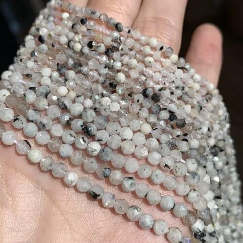 Natural White Moonstone Black 2/3/4mm Faceted Loose Round Mineral Beads for Jewelry Making DIY Christmas Gift Bracelets 15inch