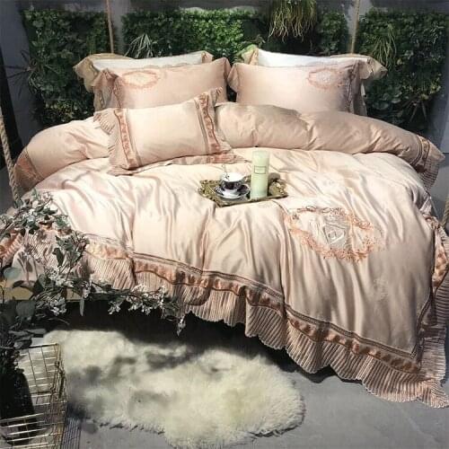 New 120S Egyptian cotton Pink White Golden Luxury Royal Bedding sets Queen King Lace Duvet cover Bed sheet set Pillowcase 4/6pcs