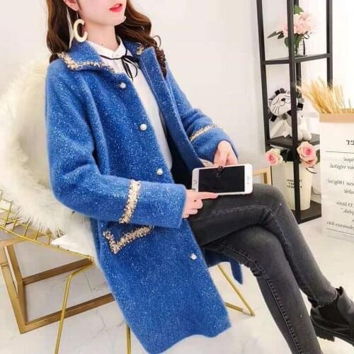 Women New Mid Long Cardigans for Autumn Winter Womens Loose Faux Mink Fur Coat Korean Knitted Sweaters Solid Cardigans Outwear