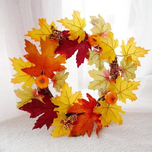 Autumn Theme Door Wreath Artificial Pumpkin Berries Pine Cone Maple Manmade Garland Cloth Rattan Material Home Decoration