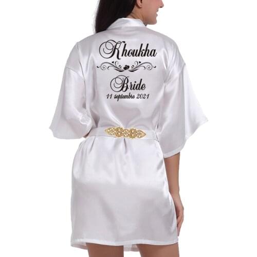 Personalized name and date bathrobe bride wedding robe with rhinestone belt bridal party bridesmaid robe