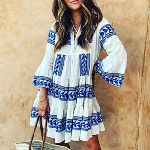 3XL Autumn Printed Ruffle Cupcake Dress Boho Sexy V Neck 3/4 Butterfly Sleeve Office Lady Dress Spring Women Pleated Party Dress