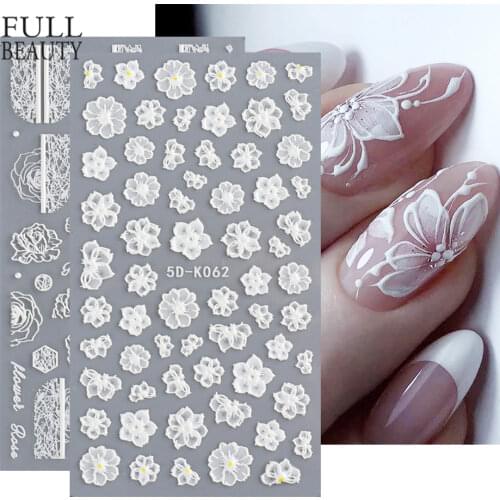 5D Charms Embossed Flower Lace Nail Stickers Flower Lace White Engraved Design With Textured Slider Decals for Manicure CH5D-K-1