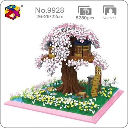 PZX 9928 Architecture Winter Sakura Tree House Flower Garden Lake 3D Mini Diamond Blocks Bricks Building Toy for Children no Box