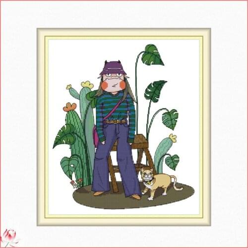 Joy Sunday Girl And Cat Printed Cross Stitch Kits Counted Canvas Embroidery Sets 11CT 14CT DIY Handmade Needlework Home Deco