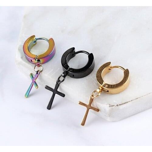 1Pc Men Cross Stars Punk Dangle Earrings Gothic Woman Stainless Steel Cross Ear Hoop Earrings Huggies Pendant Piercing Jewelry