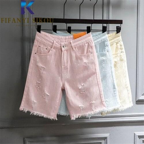 Casual Denim Shorts Women Tassel Diamonds Fashion High Waist Knee Length Shorts Ripped Jeans High Quality Loose Straight Pants