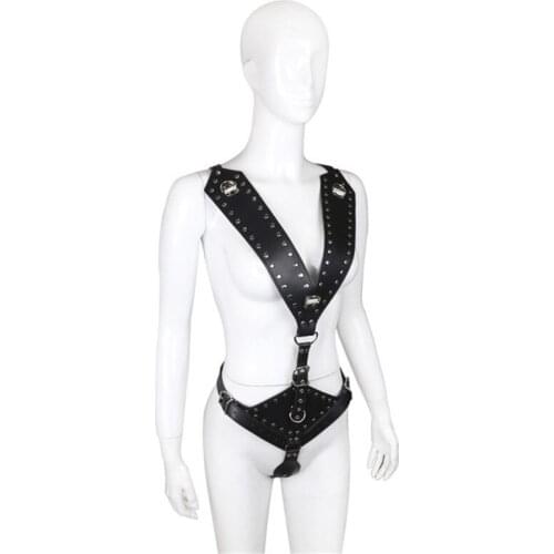 Woman PU Leather Waist Harness Bodysuit Thong Chastity Clubwear Costume Chest Harness Club Shoulder Straps Sex Toys