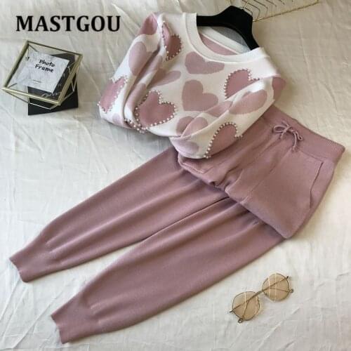 MASTGOU Love Print Women Pencil Pantsuits Autumn Winter Women Pullover Sweater + Knit Pencil Trousers Two Piece Sets Woman Suits