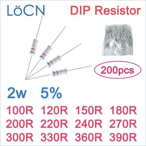 200pcs 5% 2W Carbon Film Resistor DIP 100R 120R 150R 180R 200R 220R 240R 270R 300R 330R 360R 390R OHM Color ring