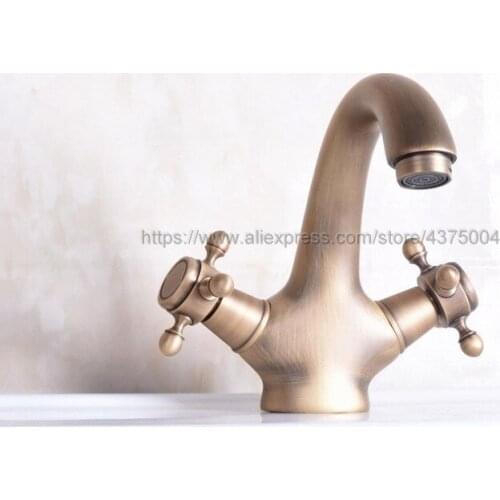 Antique Brass Bathroom Basin Mixer Tap Double Cross Head Handle Single Hole Deck Mounted Hot and Cold Water Tap Nnf250