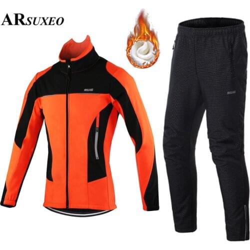 ARSUXEO Men Winter Thermal Cycling Jacket Set Windproof Waterproof Sportswear Bicycle Pants Trousers Bike Suits Clothing