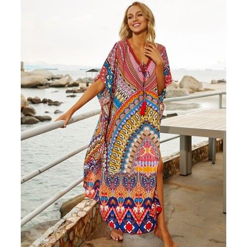 2021 Quick-drying Bohemian Printed Loose Summer Beach Dress Moroccan Kaftan Women Plus Size Beachwear Tassel Midi Dress