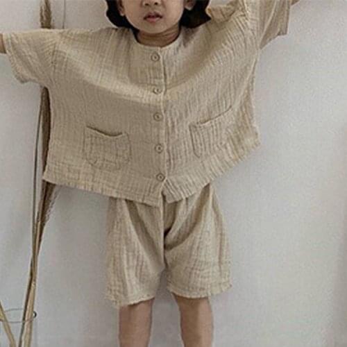 Childrens summer clothes Korean new suit retro Mori cotton wrinkle single-breasted loose casual suit for boys and girls