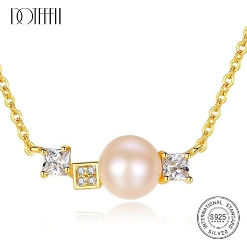 DOTEFFIL 925 Silver Necklace Pearl Pendant 7-7.5MM Natural Freshwater Pearl Jewelry Link Clavicular Chain Women Christmas Gift