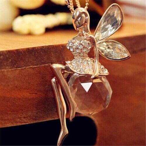 Elegant Women Dancer Party Angel Wing Fairy Pendant Necklace Cute Charm Crystal Flying Butterfly Wing Sweater Chain For Girl
