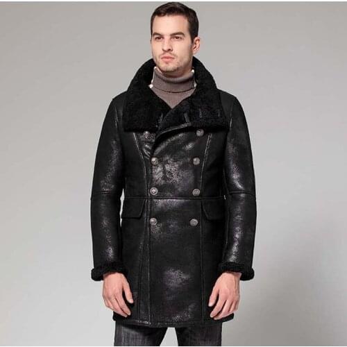 New Black Shearling Coat Mens B3 Bomber Leather Jacket Long Fur Outerwear Winter Hunting Overcoat