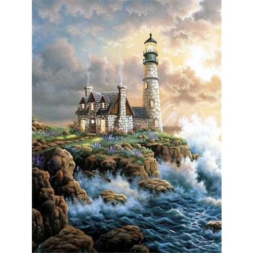 Seaside Cliff Cabin Landscape Lighthouse DIY 11CT Embroidery Cross Stitch Kits Craft Needlework Set Printed Canvas Cotton Thread
