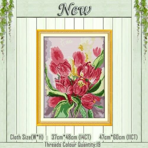 Pink tulip flowers painting counted printed on the canvas chinese DMC 11CT 14CT kits DIY Cross Stitch embroidery needlework Sets