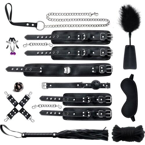 Exquisite 12pcs Bondage Gear Set Leather Erotic BDSM Handcuffs Sex Game Neck Collar Whip Mask Dice Gag Nipple Clamps SM Toys