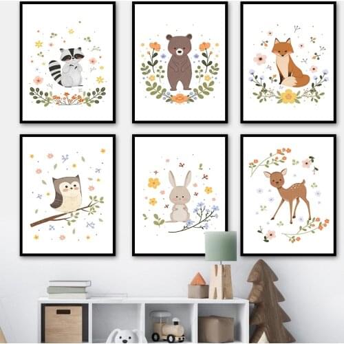 Jungle Animals Fox Bear Rabbit Raccoon Flower Nordic Posters And Prints Wall Art Canvas Painting Wall Pictures Kids Room Decor