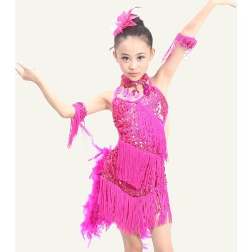 New Sequin Fringe Blue Pink Red Salsa Dress Child Girls Kids tassel Latin Dresses Girls Latin Dance Costumes