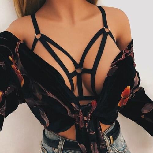 Sexy Women Lingerie Elastic Cage Bra Bondage Straps Bandage Bras Hollow Out Erotic Crop Top Women Halter Bralette Bra Black