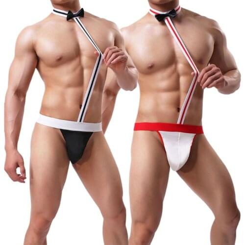 Sexy Men Bow Tie Collared Borat Mankini Swimsuits G-String Brief Thong Underwear