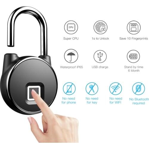 Micro USB Rechargeable Smart Keyless Fingerprint Lock IP65 Waterproof Anti-Theft Security Padlock Door Luggage Case Lock
