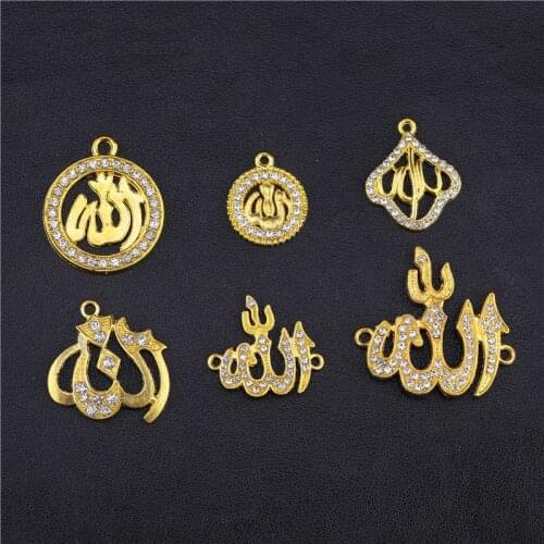 Juya DIY Islamic Jewelry Findings Cz Rhinestones Gold/Silver Color Allah Charms Supplies For Handmade Muslim Jewelry Making