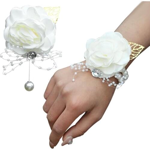 Wedding Wrist Flower Rose Ribbon Rhinestone Bridal Corsage Bracelet Wristband Bracelet Bridesmaid Wedding Supplies