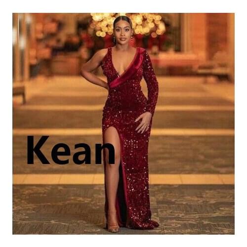 High Split Sequin One Sleeve Evening Dresses Simple Special Occasion Dress Islamic Dubai Kaftan Saudi Arabic Prom Dress