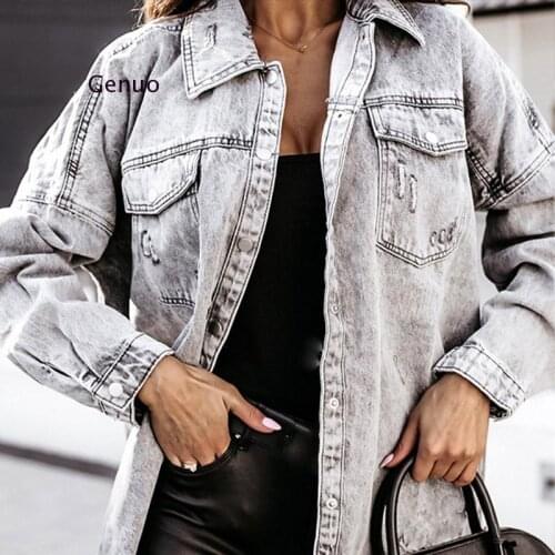 Tassel Hole Vintage Moto Biker Denim Womens Coat Turn-Down Collar Slim Solid Pockets Single Breasted Jackets For Female Winter