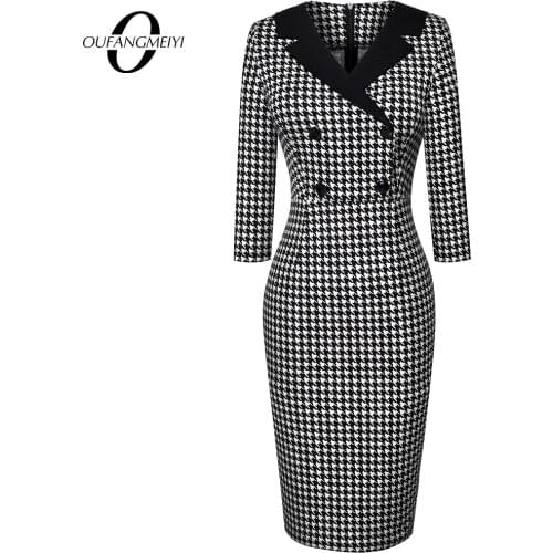 Vintage Classic Houndstooth Charming Fashion Chic Button V Neck Pencil Dress EB570
