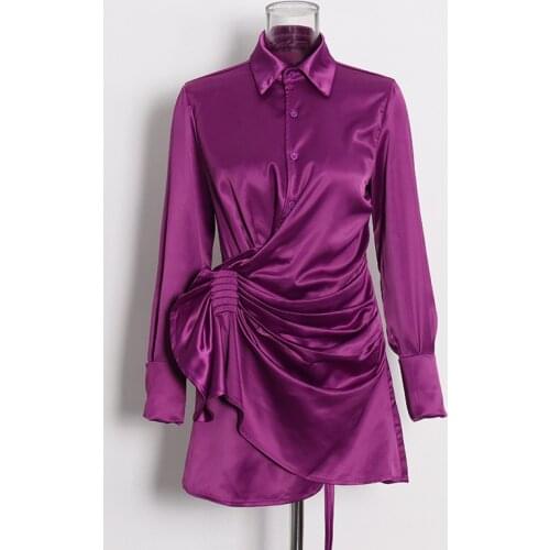 Vintage Dark Purple Long Sleeve Satin Slim Mini Dress 2021 Summer Lapel Irregular Stitching Pleated Elegant Women Clothes