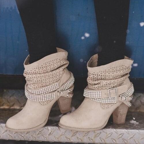 Vogue Roman Short Boots Women Autumn Thick Heels Pumps Women High Heels Pointed Toe PU Ankle Boots for Women Moccasin Boots